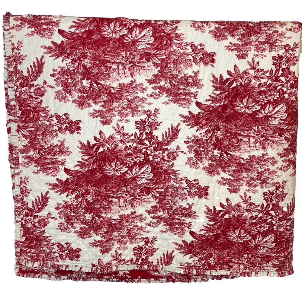 Vtg Pottery Barn Sorrel Red Cotton Quilt Toile Floral Queen 100